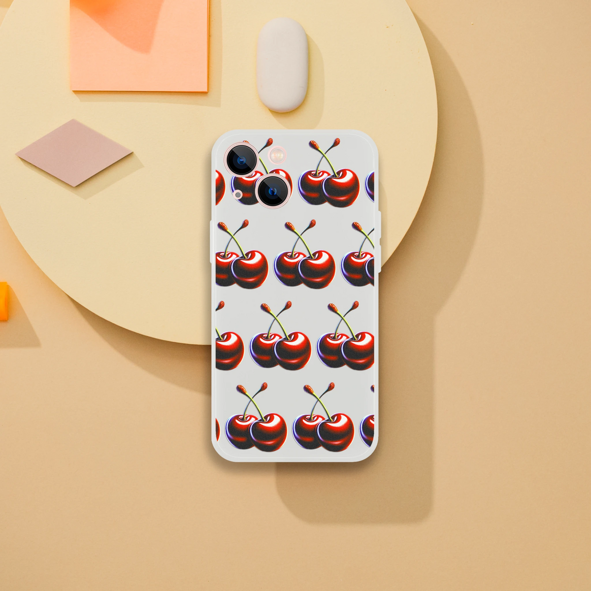 Cherries pattern slim protective case for iPhone 13–16, frosty transparent texture.