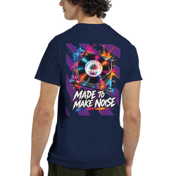 Navy blue mens t-shirt back print featuring a colorful retro turntable graphic with paint splashes and "Made To Make Noise" text.