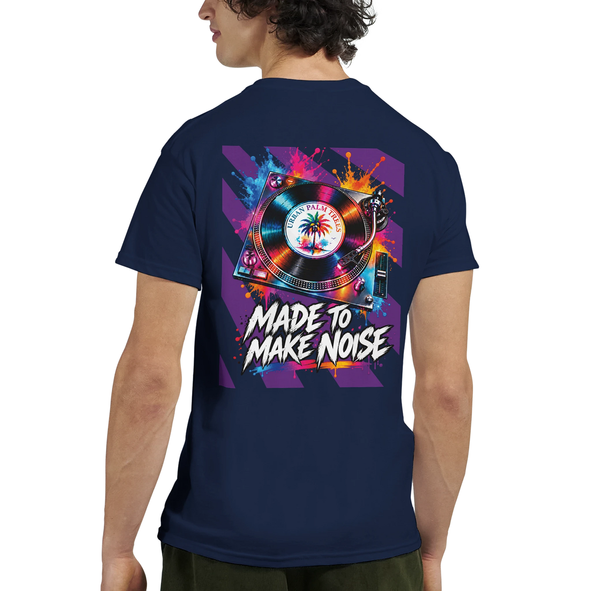 Navy blue mens t-shirt back print featuring a colorful retro turntable graphic with paint splashes and "Made To Make Noise" text.