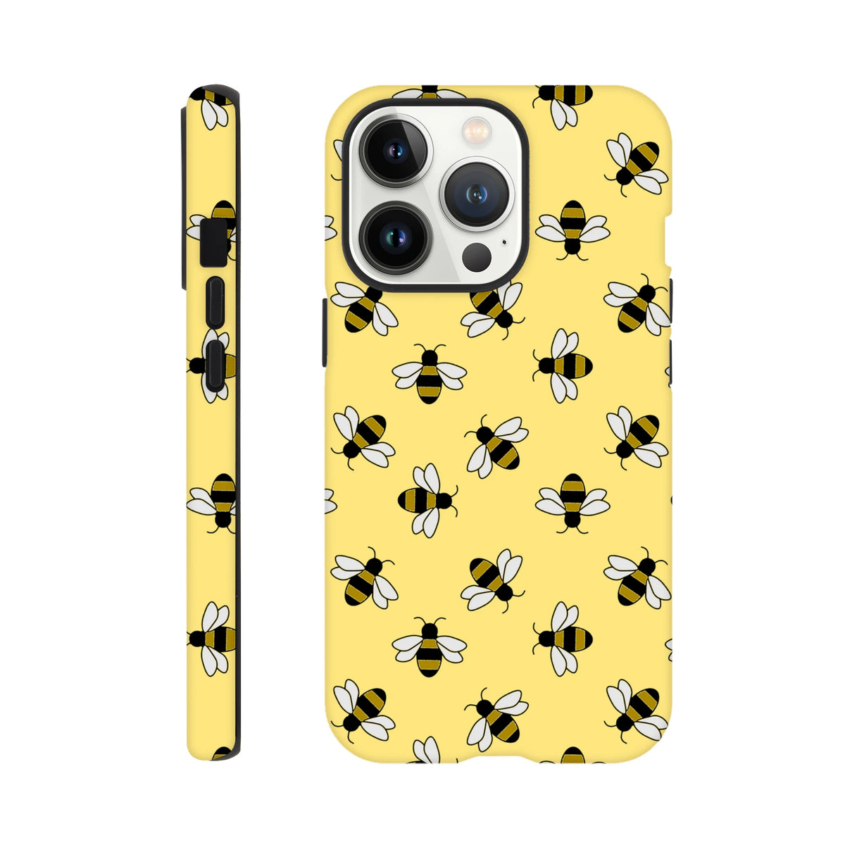Yellow tough iPhone case featuring a cute bumble bee pattern cover with wraparound print for models 13 through 16.