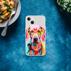 Gent Dog colorful dog wearing yellow glasses on a clear, slim protective iPhone case for 13–16