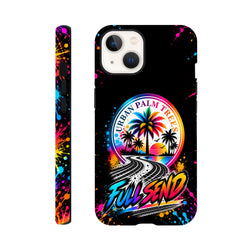 Full Send iPhone case featuring Urban Palm Trees design, colorful paint splatters, tire tracks, and wraparound print on black.