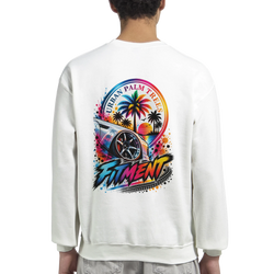 White sweatshirt back featuring colorful "Urban Palm Trees" and "Fitment" graphic with modified car and sunset design.
