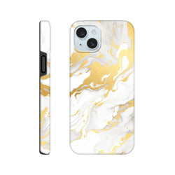 Luxury white and gold marble iPhone case with abstract seeping pattern. Seamless wraparound design for statement style.