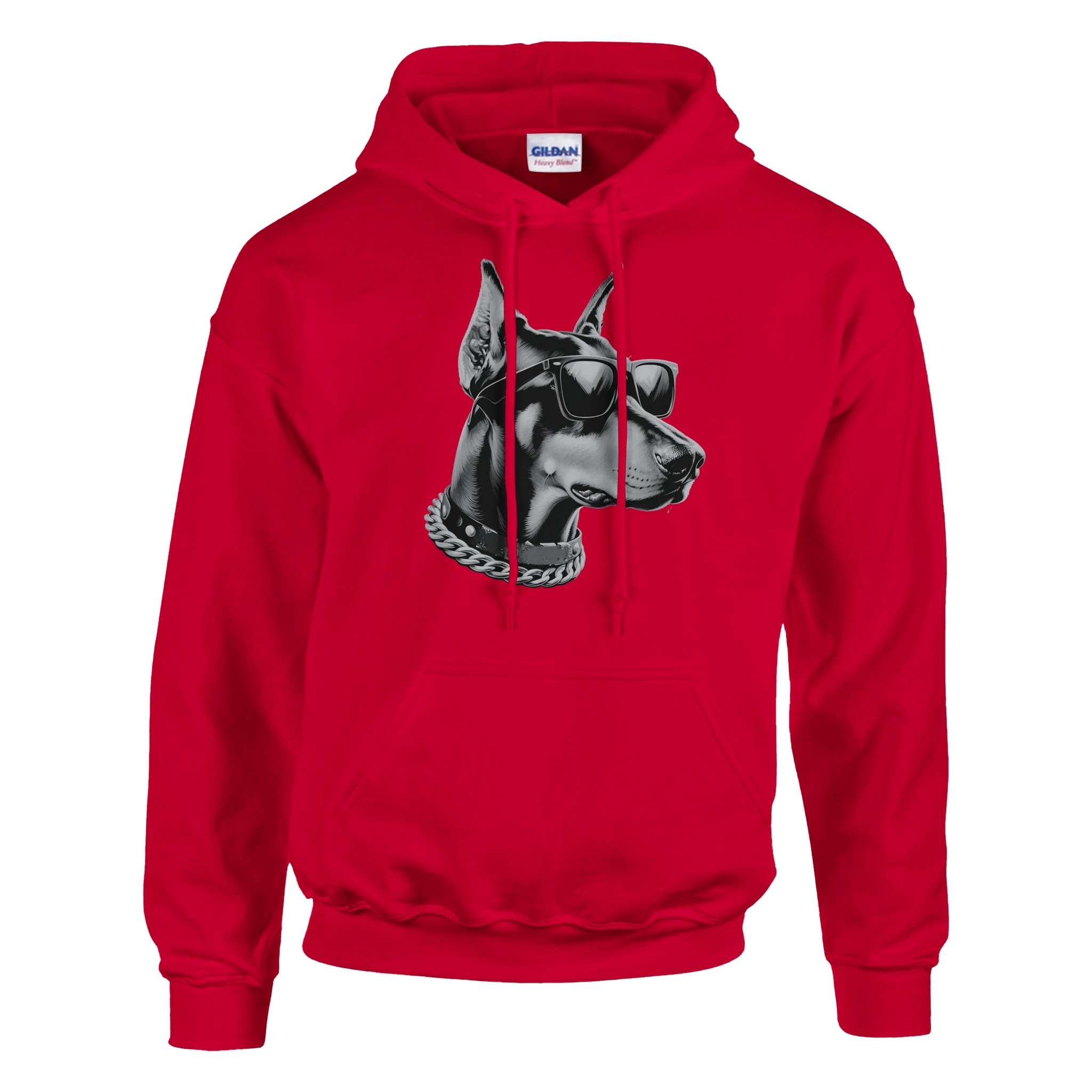 Red hoodie with gangster dog graphic wearing sunglasses and chain, front pouch pocket.