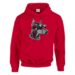 Red hoodie with gangster dog graphic wearing sunglasses and chain, front pouch pocket.