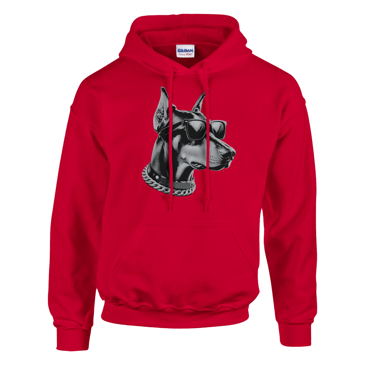 Red hoodie with gangster dog graphic wearing sunglasses and chain, front pouch pocket.