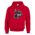 Red hoodie with gangster dog graphic wearing sunglasses and chain, front pouch pocket.