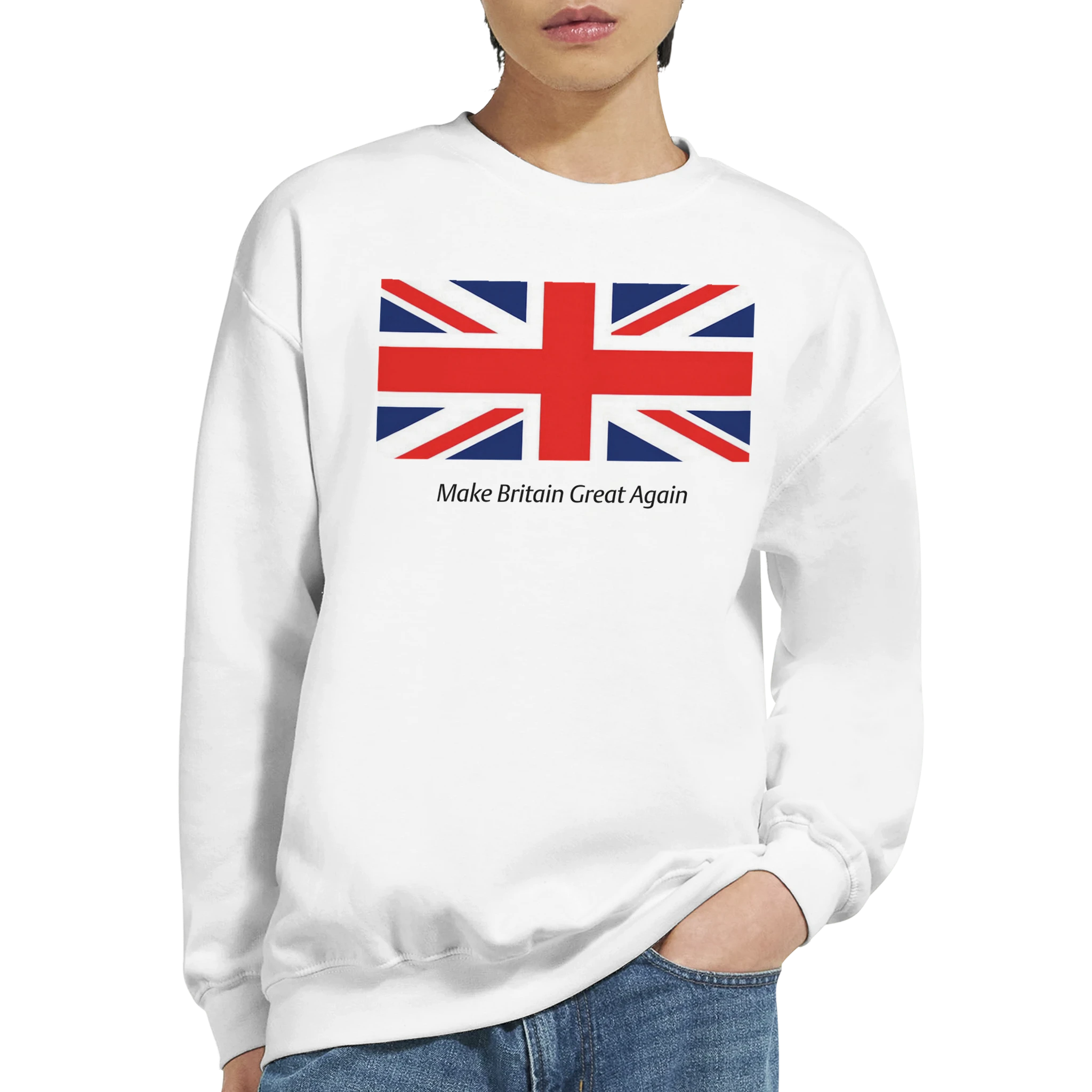 Union Jack flag graphic on a white men's sweatshirt reading Make Britain Great Again.