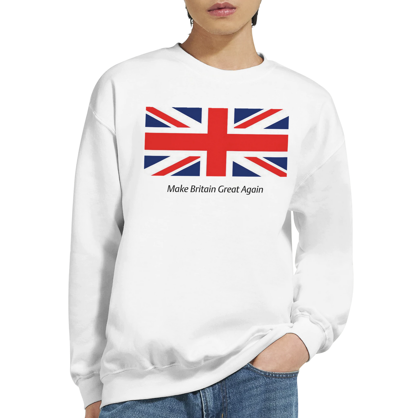 White  men's graphic sweatshirt with Union Jack design and text 'Make Britain Great Again' on a white background. close