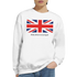 Union Jack flag graphic on a white men's sweatshirt reading Make Britain Great Again.