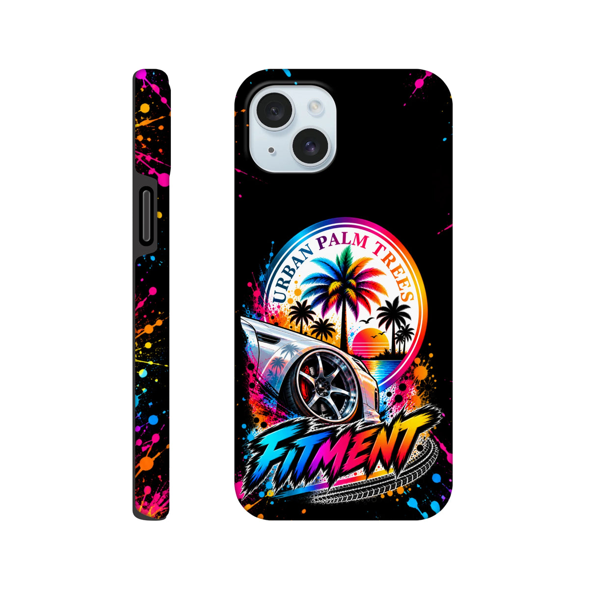 Fitment iPhone case featuring a modified car, colorful palm trees, and neon paint splatter design with a glossy streetwear finish.