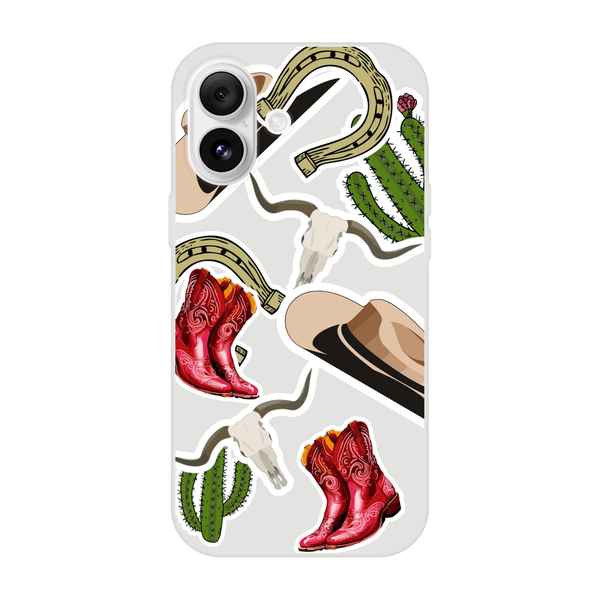 Western sticker-style phone case featuring red cowboy boots, horseshoes, cactus, and longhorn skulls on a light background.