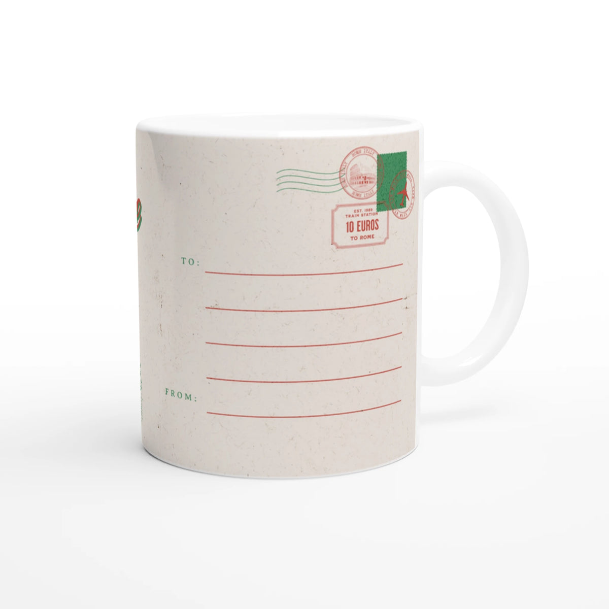 Vintage Rome mug with retro postcard design featuring stamps and postmark, ceramic coffee cup.