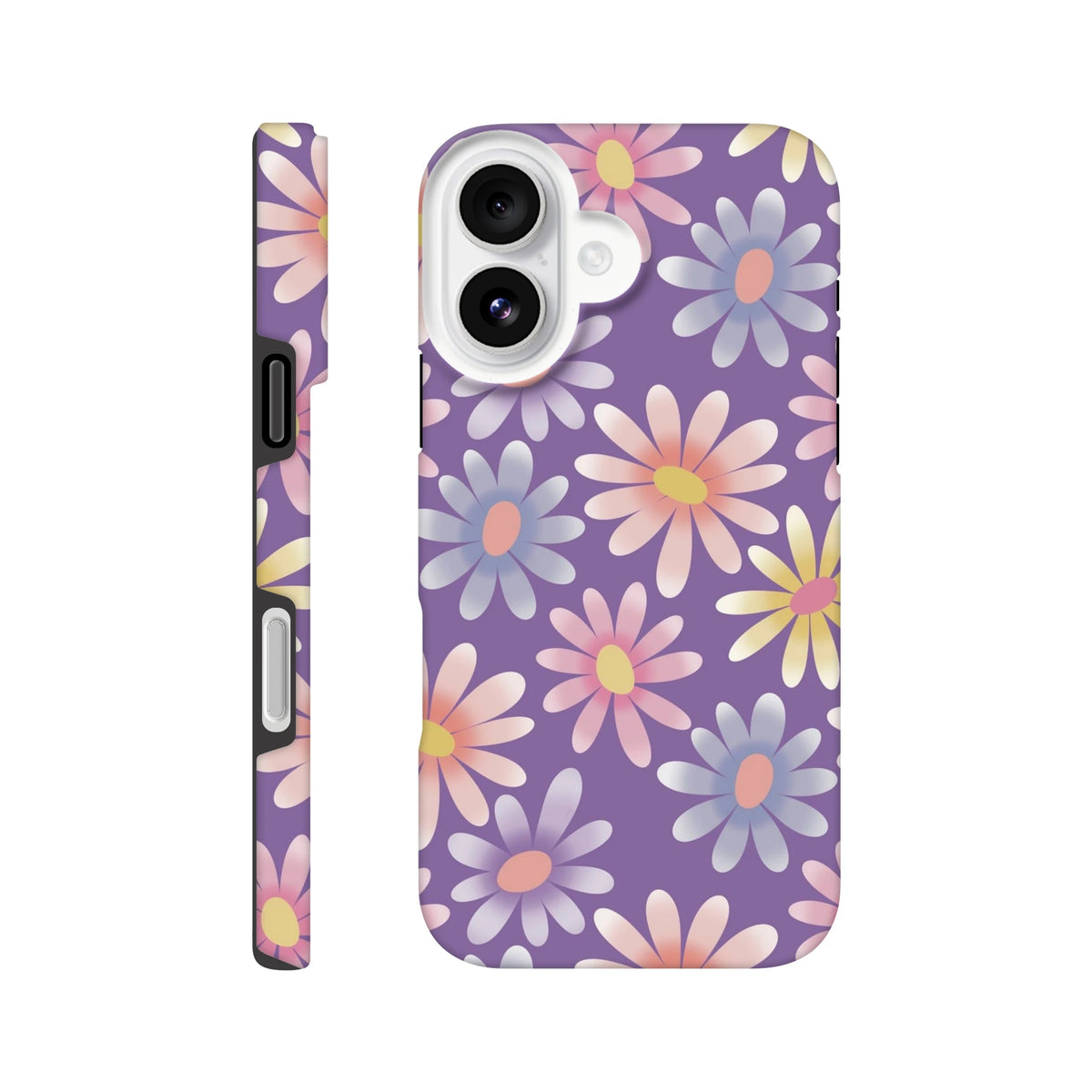 Purple iPhone case featuring a retro pastel daisy floral pattern, crafted from shock-absorbing TPU for durable protection.