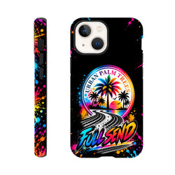 Vibrant Full Send iPhone case featuring Urban Palm Trees sunset graphic, tire tracks, and colorful splatter wraparound print for modified car culture.