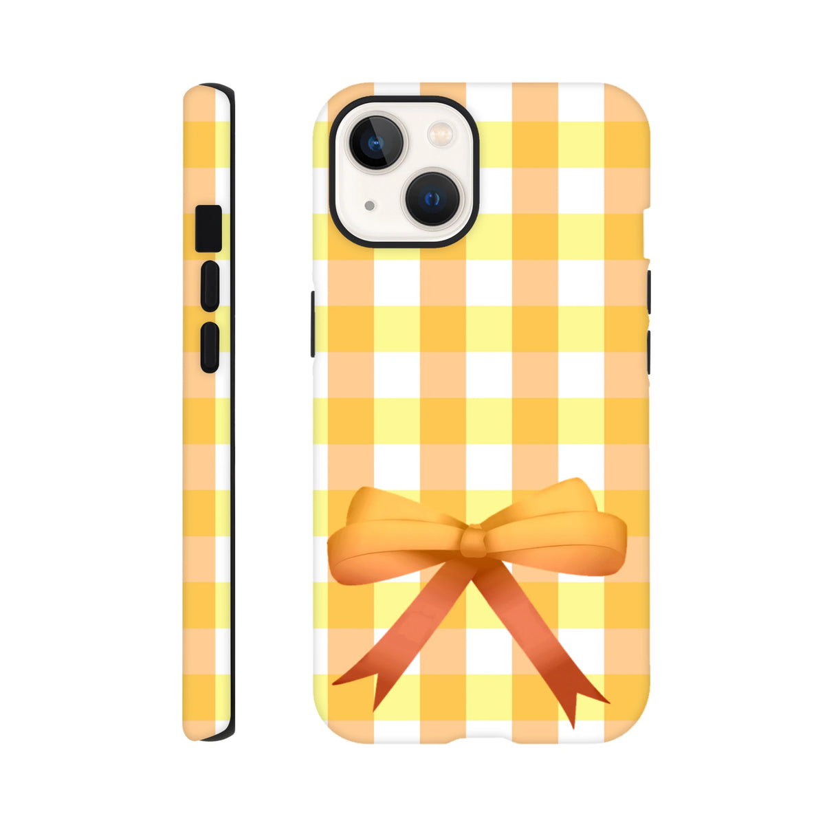 Yellow gingham iPhone case with orange bow and coquette aesthetic. Vintage grid pattern tough phone cover for street style.