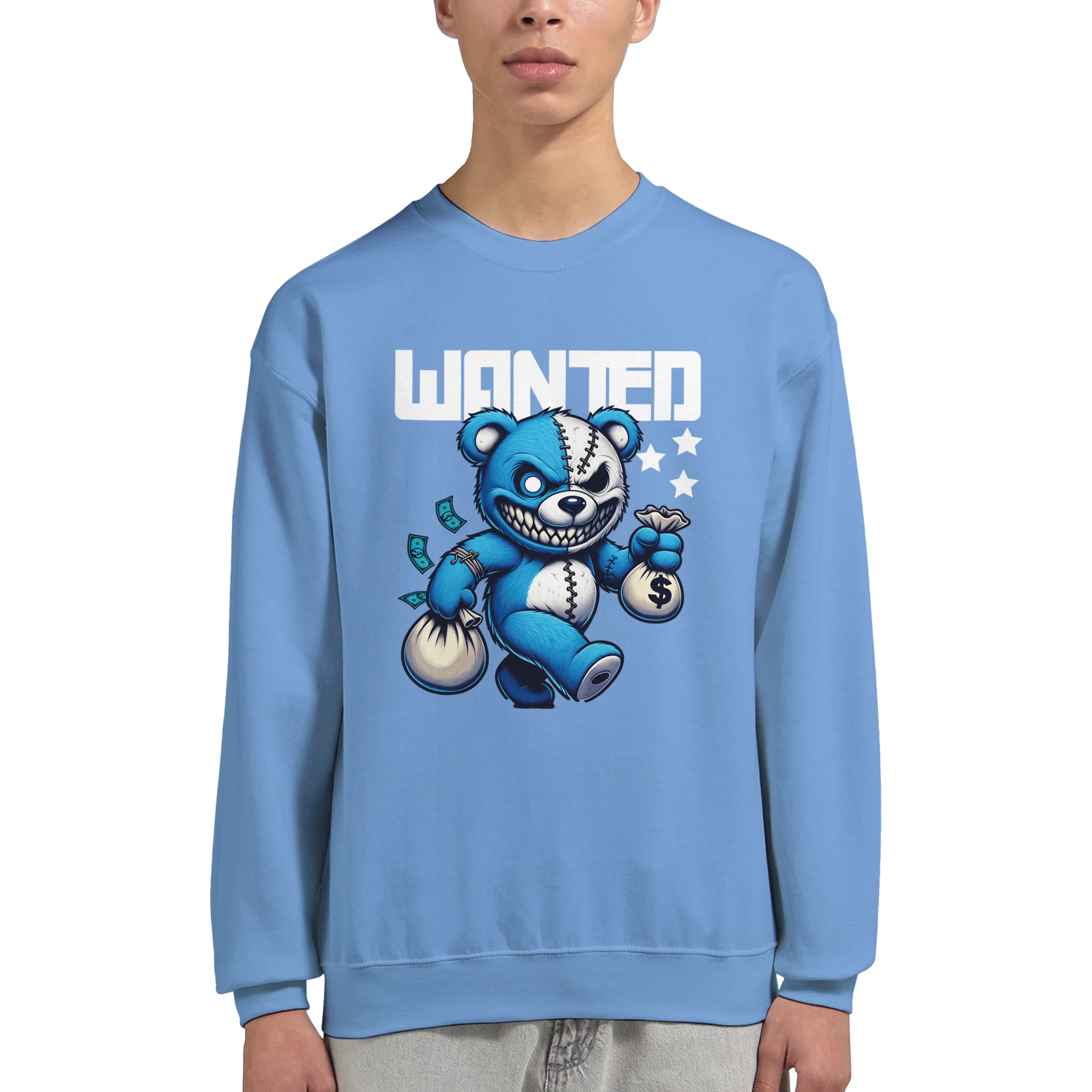 Wanted Teddy Bear men's graphic sweatshirt in blue, 50/50 cotton-poly blend, bold bear graphic with money bags.