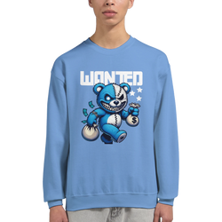 Wanted Teddy Bear men's graphic sweatshirt in blue, 50/50 cotton-poly blend, bold bear graphic with money bags.