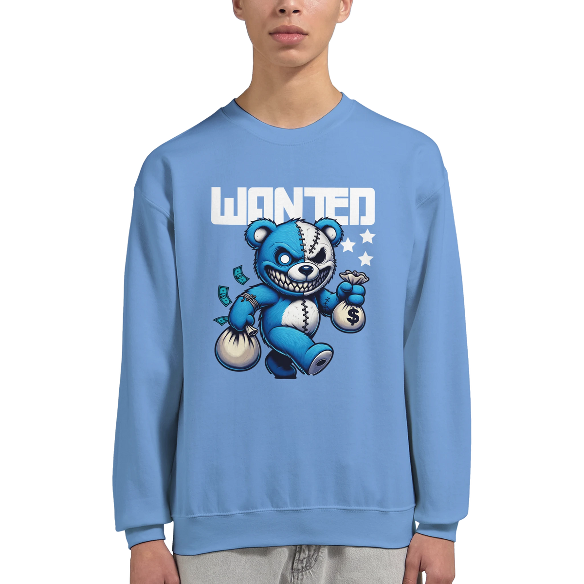 Wanted Teddy Bear men's graphic sweatshirt in blue, 50/50 cotton-poly blend, bold bear graphic with money bags.