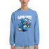 Wanted Teddy Bear men's graphic sweatshirt in blue, 50/50 cotton-poly blend, bold bear graphic with money bags.