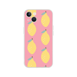 Cute lemon-pattern pink iPhone case for 13–16 with frosty clear texture and flexible protection.