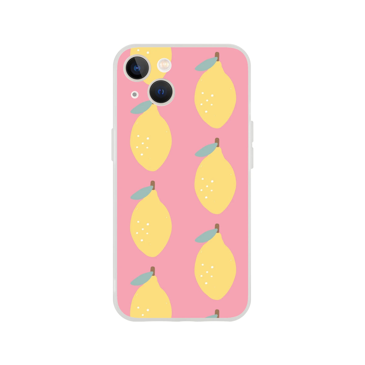 Cute lemon-pattern pink iPhone case for 13–16 with frosty clear texture and flexible protection.