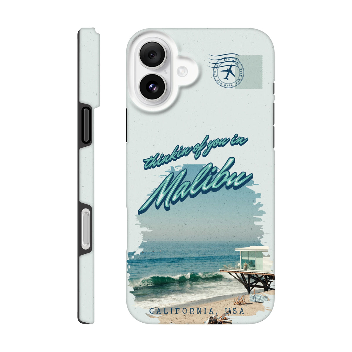 Vintage MalibuCaliforniaBeach tough iPhone case with retro airplane graphic, beach scene, and "thinkin of you in Malibu" typography.