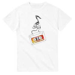 White t-shirt featuring a vintage cassette tape graphic with unspooling tape and 90s Hits label, perfect for retro music aesthetic streetwear.