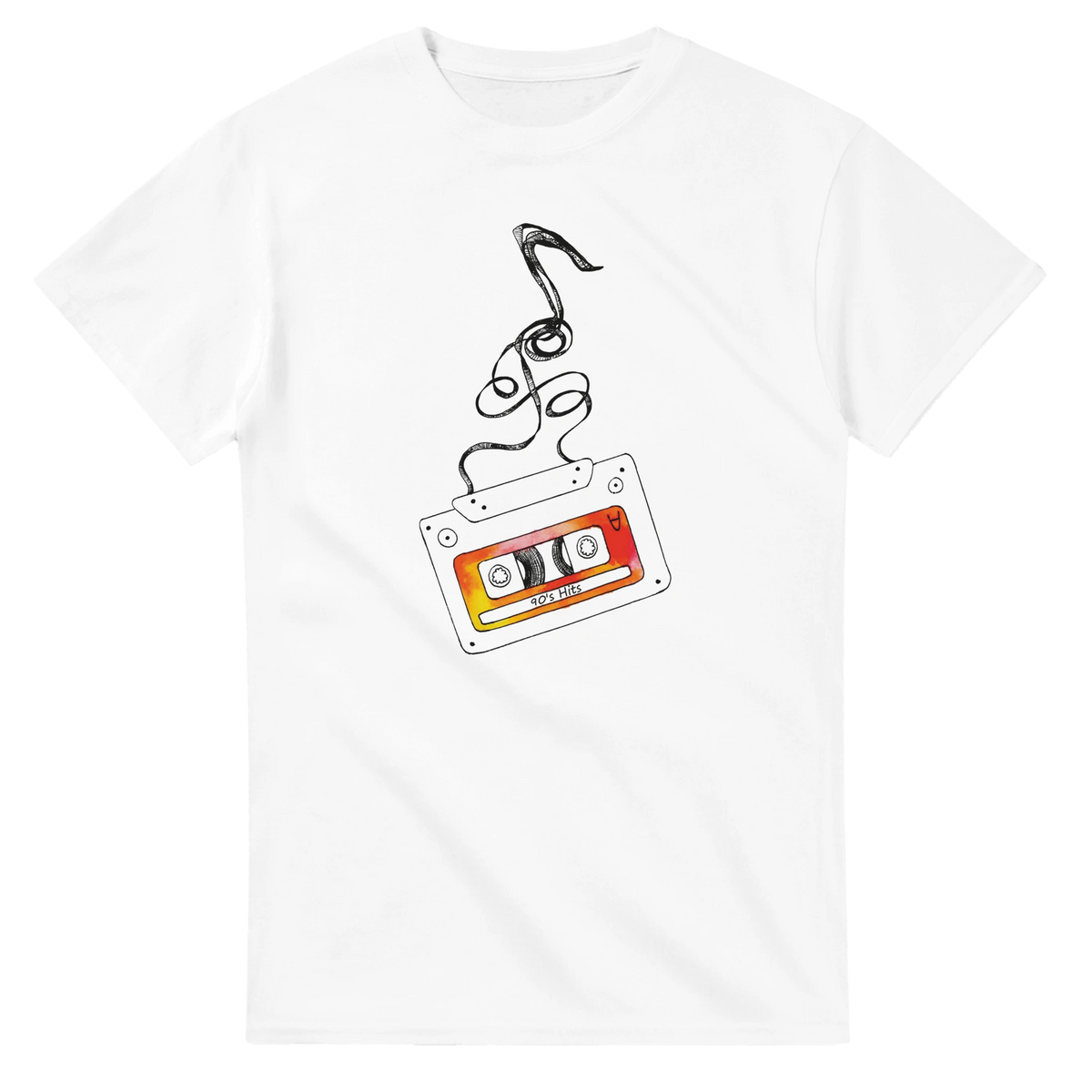 White t-shirt featuring a vintage cassette tape graphic with unspooling tape and 90s Hits label, perfect for retro music aesthetic streetwear.