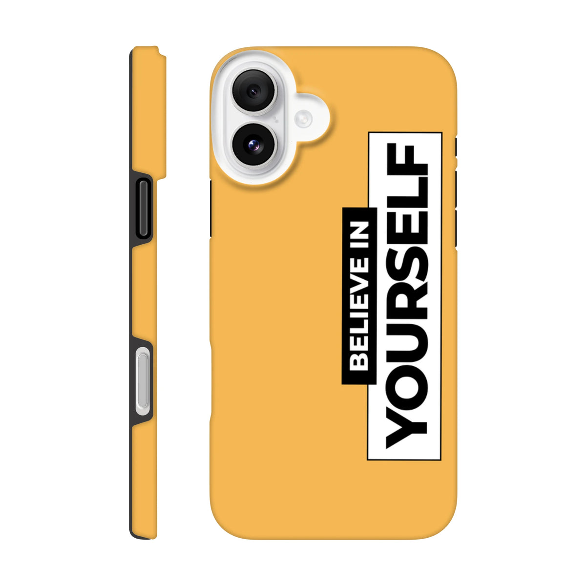 Yellow tough iPhone case with high-contrast "Believe In Yourself" slogan print, designed to shield against daily bumps and scratches.