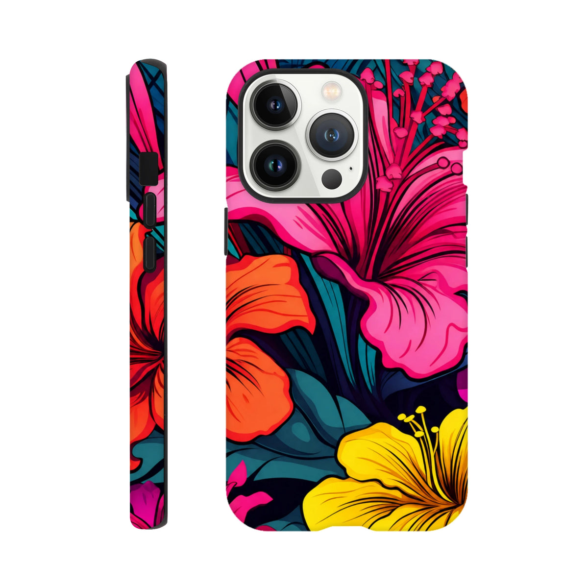 Vibrant pink, orange, and yellow hibiscus floral iPhone case with durable tough protection and seamless wraparound tropical design.
