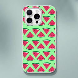 Cute summer watermelon pattern iPhone case with mint green background and red slices. Slim protective cover for city commutes.