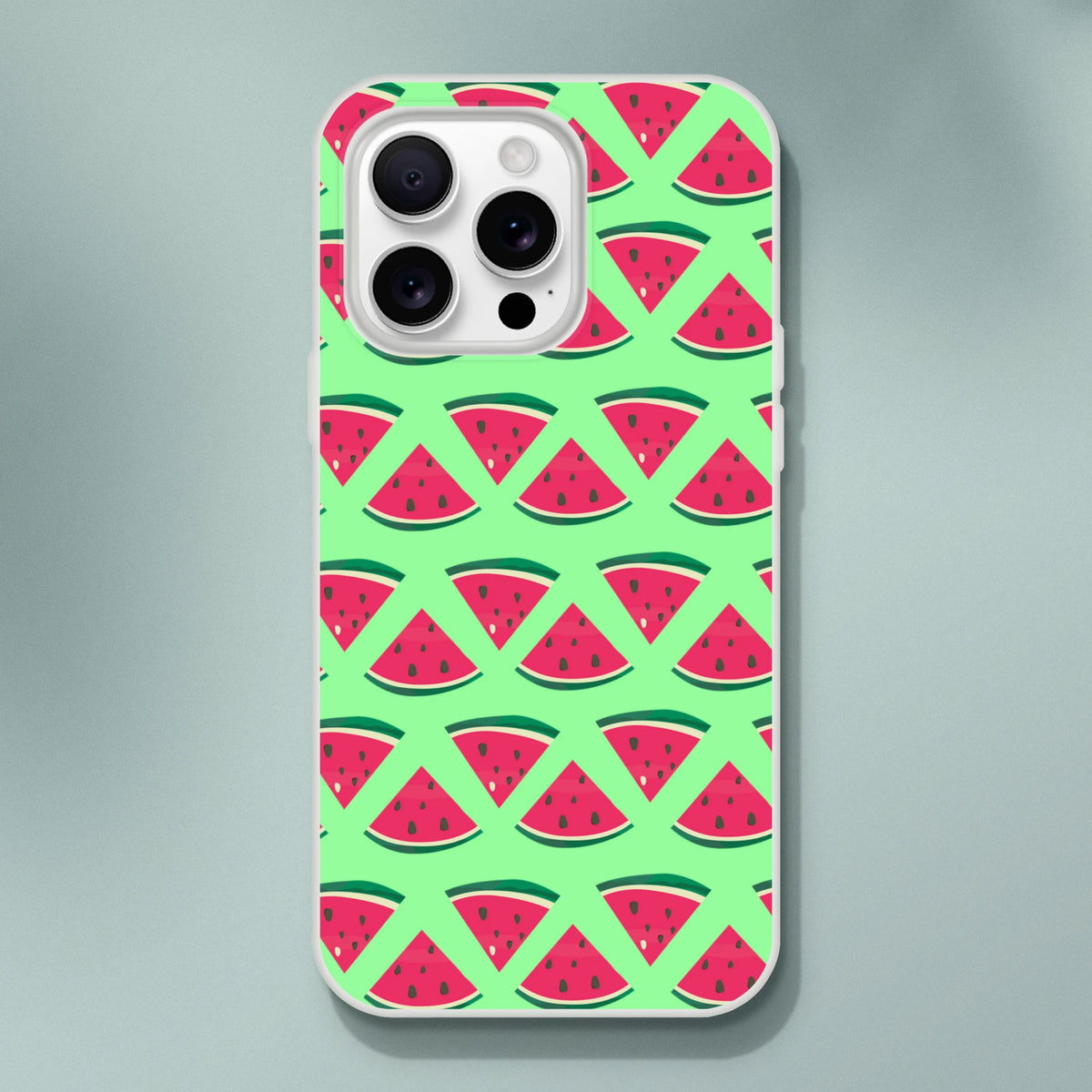 Cute summer watermelon pattern iPhone case with mint green background and red slices. Slim protective cover for city commutes.