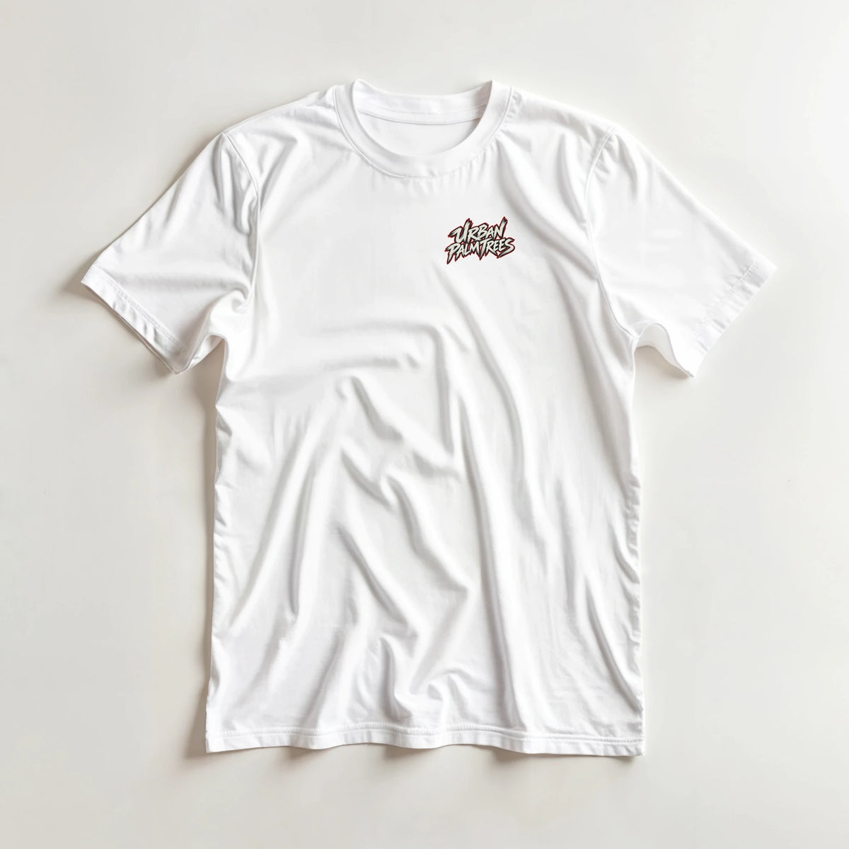 White men's JDM streetwear t-shirt featuring a small Urban Palm Trees graphic logo on the chest.