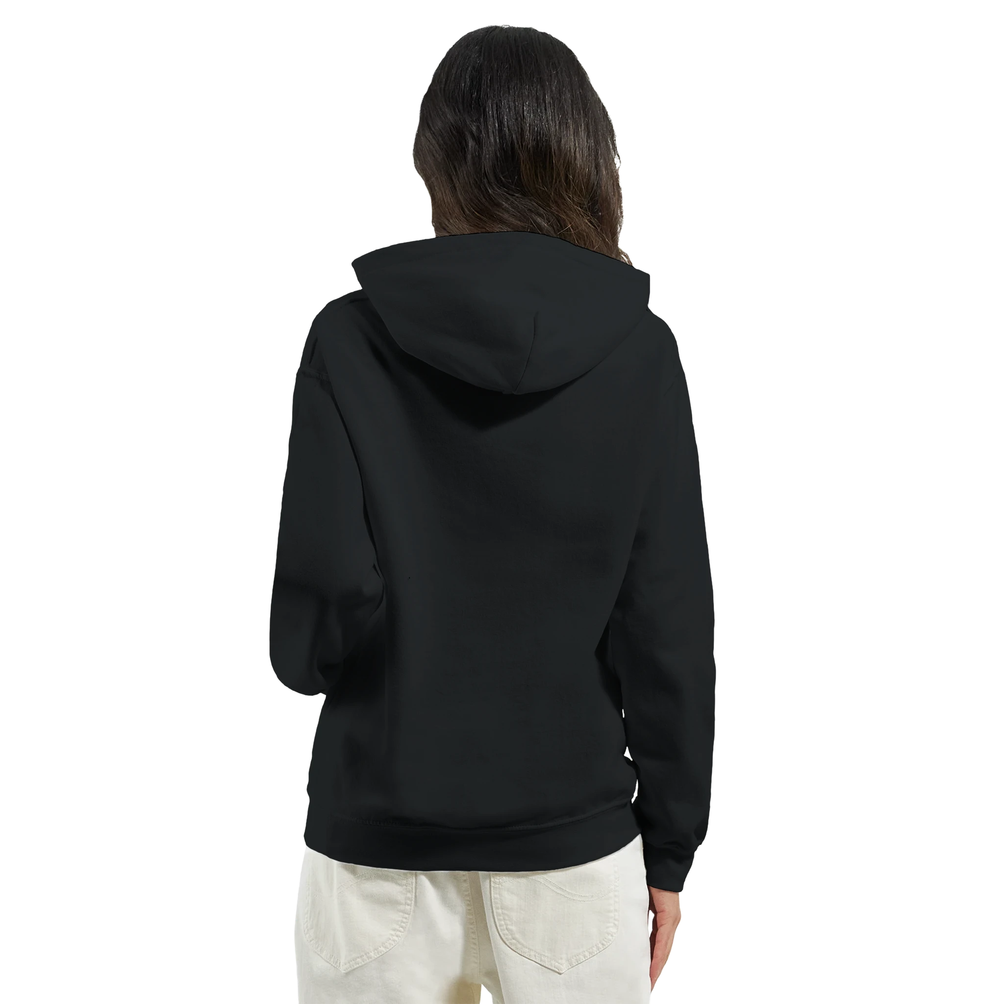 Back view of a woman wearing a black cotton-polyester hoodie with a double-lined hood and front pouch pocket.