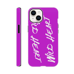 Vivid purple iPhone case featuring bold white Wild Heart graffiti text and shock-absorbing tough protection for urban style.