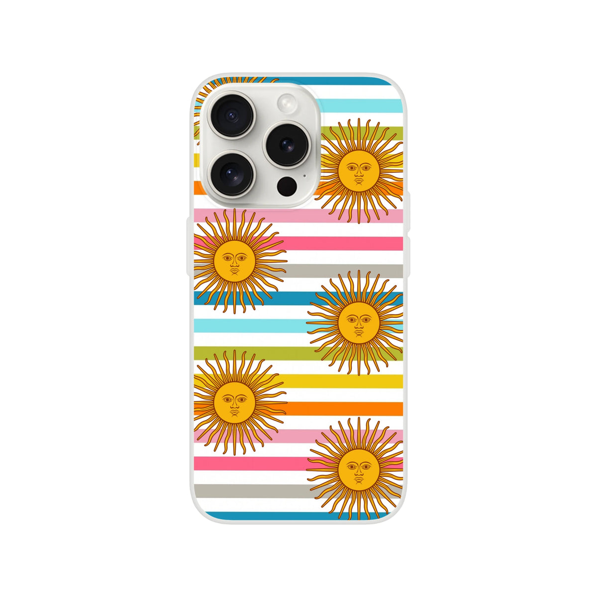 Retro Rainbow Sun iPhone case for 13-16 with boho aesthetic, striped background and sunburst motifs.