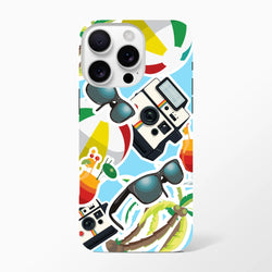 Tough iPhone case featuring a vibrant summer sticker collage with palm trees, sunglasses, beach balls, and vintage cameras on a blue background.