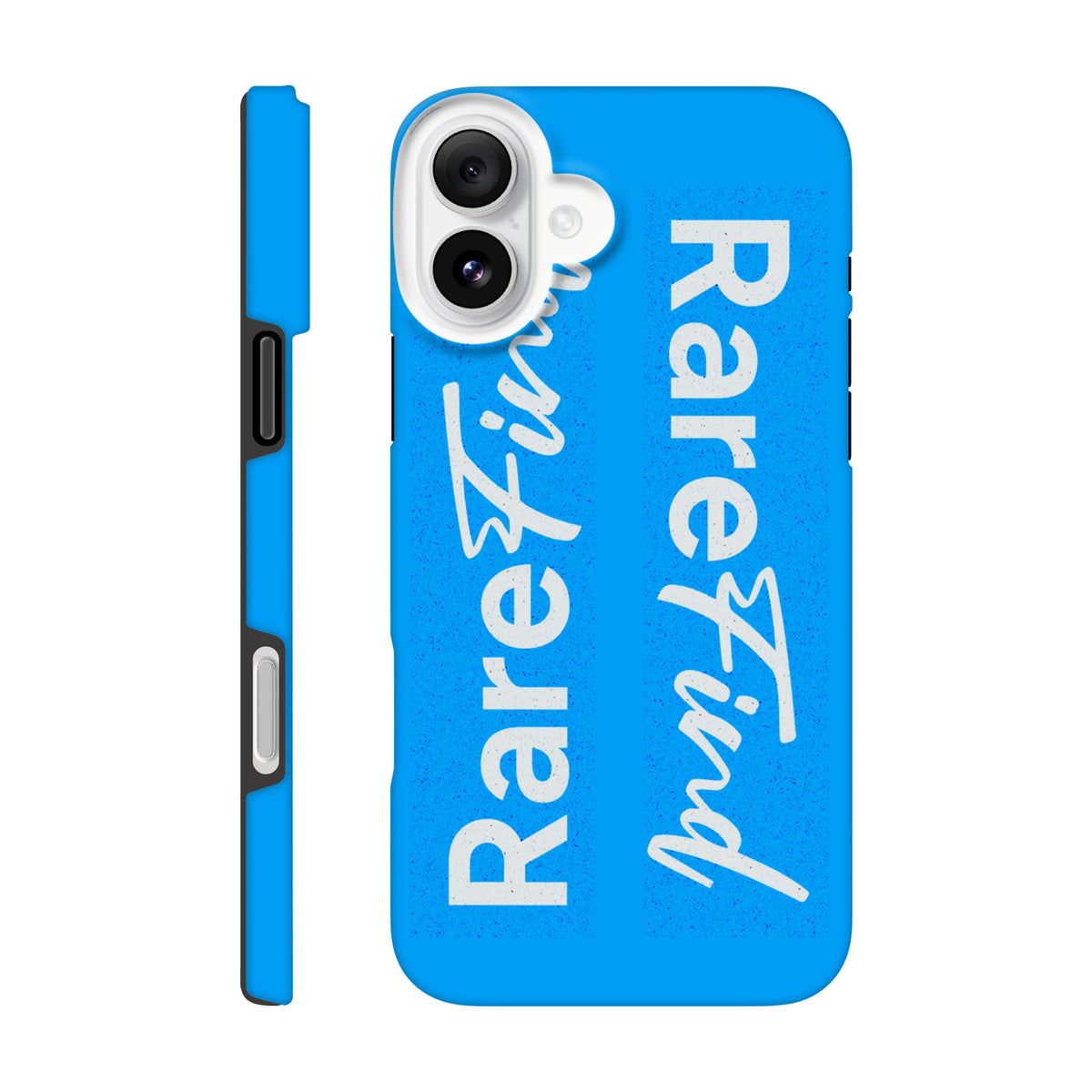 Rare Find blue tough iPhone case with white slogan text. Streetwear style phone cover for iPhone 13-16.
