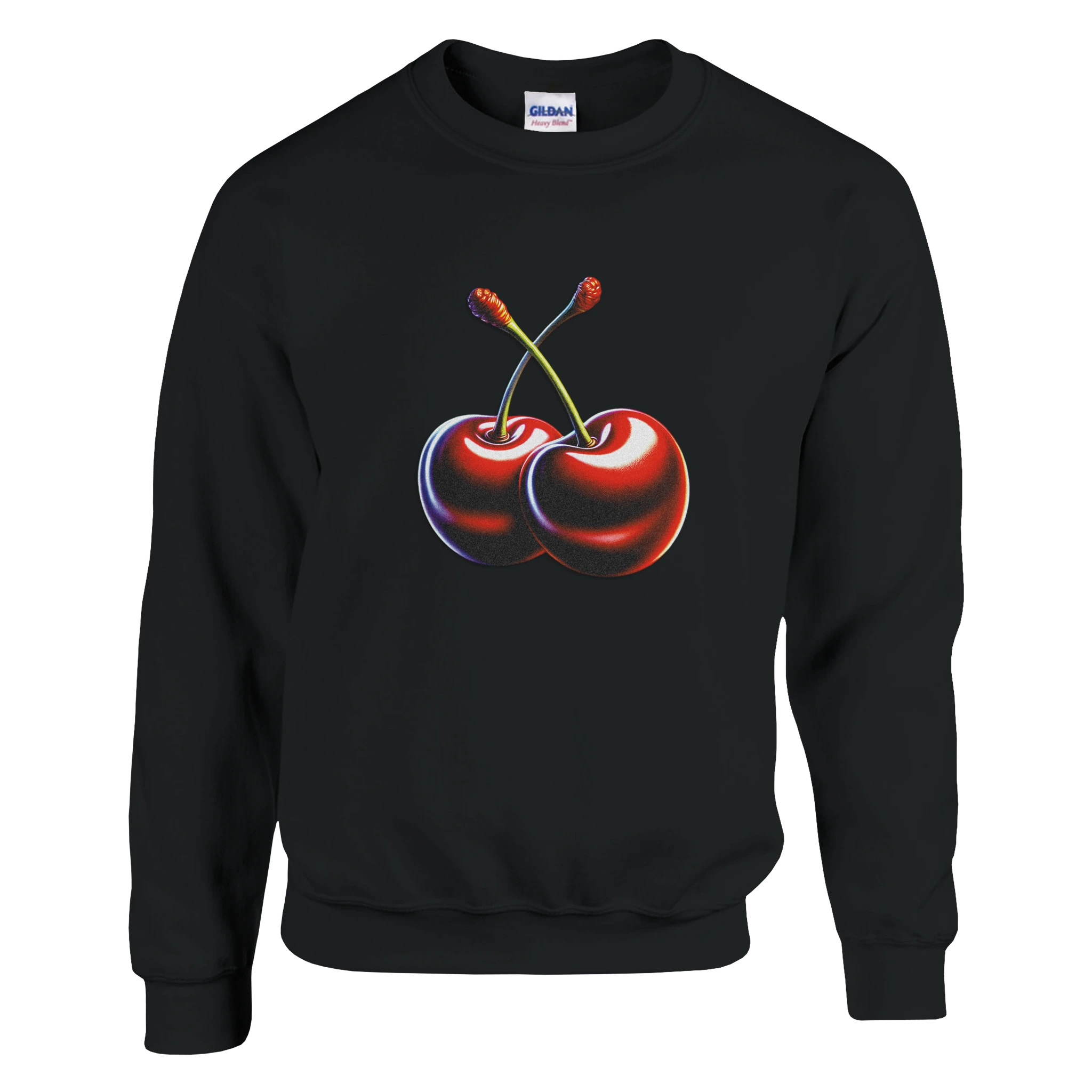Black cotton-blend sweatshirt featuring a bold red double-cherry graphic on the front