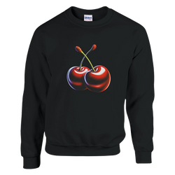 Black cotton-blend sweatshirt featuring a bold red double-cherry graphic on the front