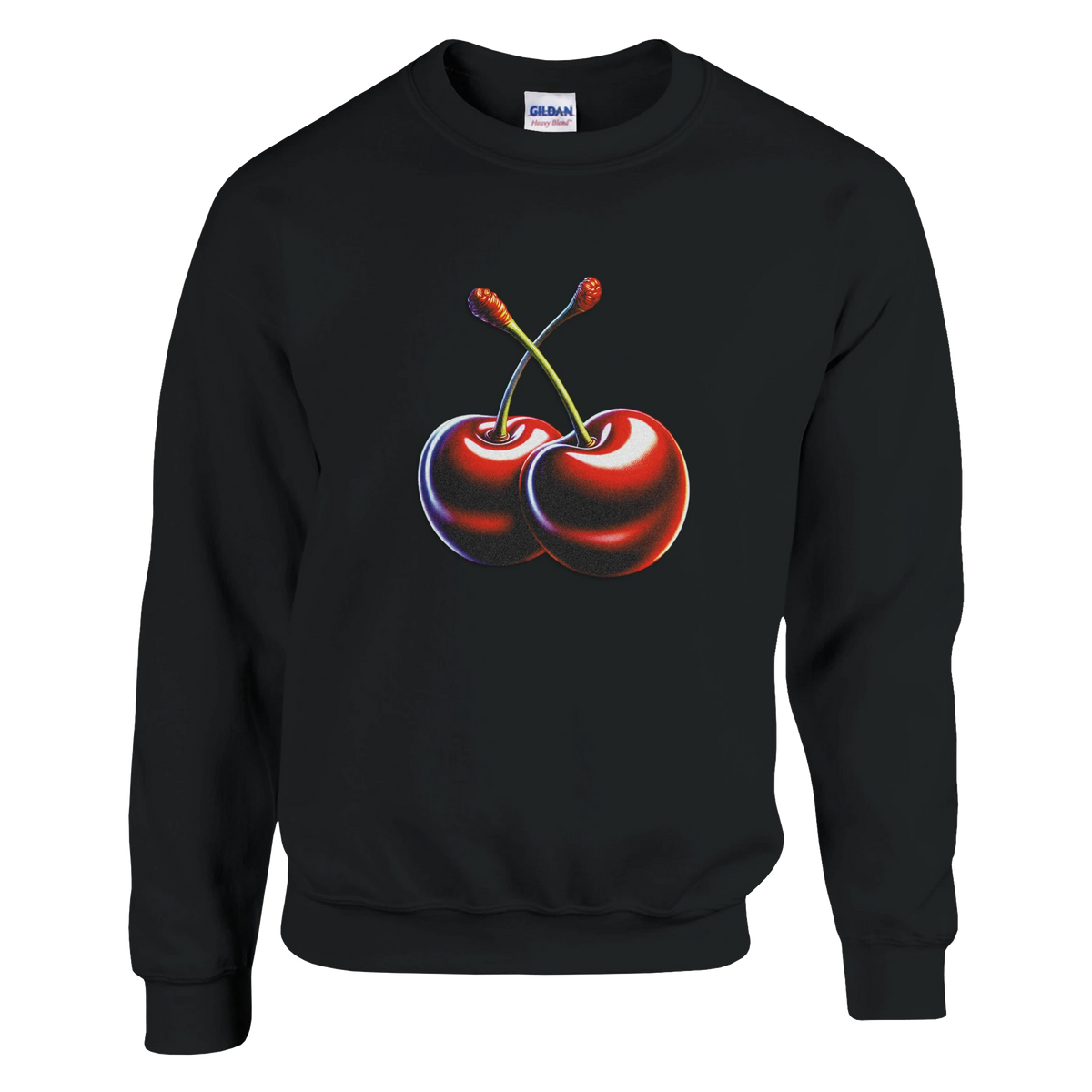 Black cotton-blend sweatshirt featuring a bold red double-cherry graphic on the front
