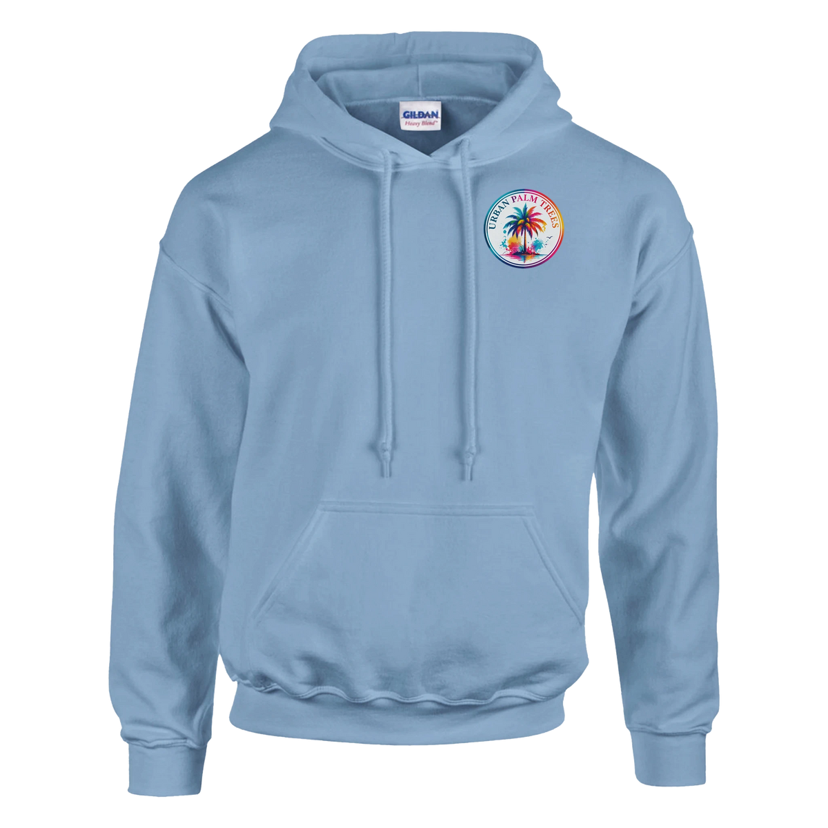 Light blue women's Lucky 8 Ball hoodie featuring a colorful retro Urban Palm Trees graphic on the chest and a front pouch pocket.