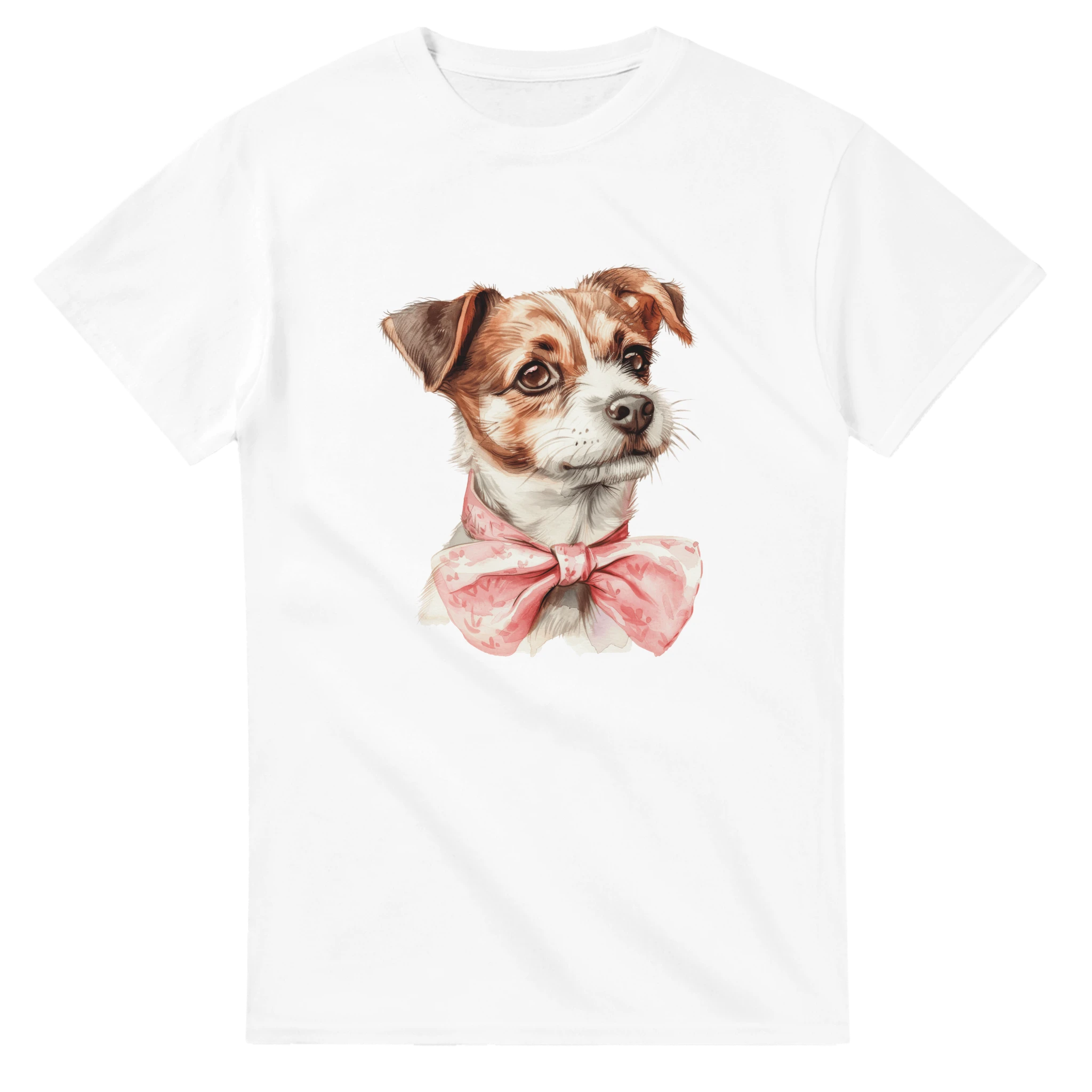 White women's graphic tee featuring a cute dog with a pink bow tie.