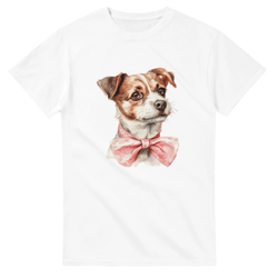 White women's graphic tee featuring a cute dog with a pink bow tie.