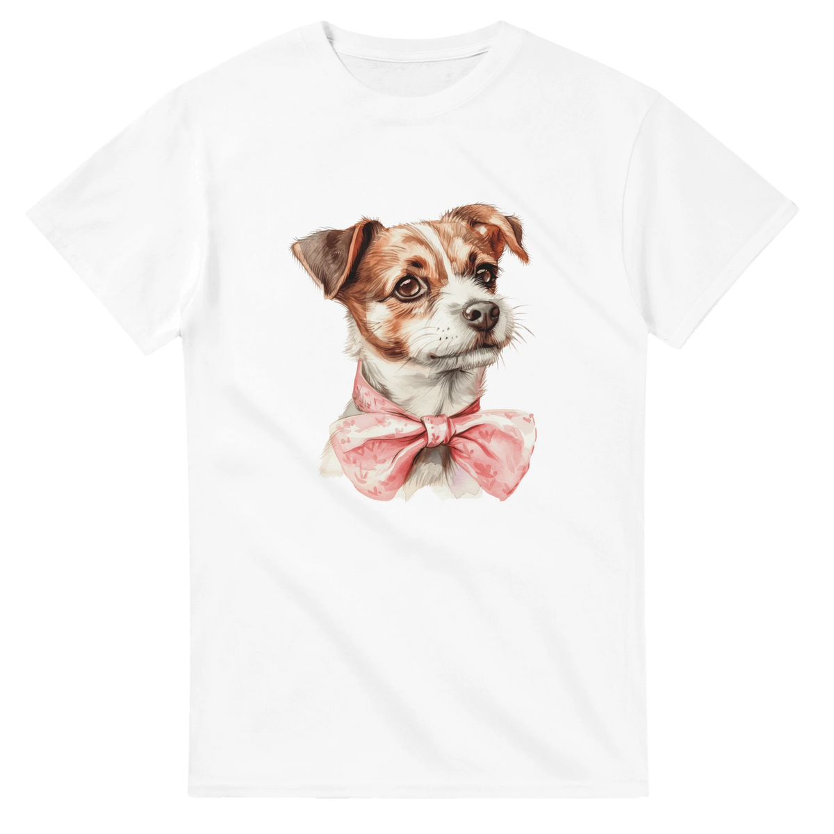 White women's graphic tee featuring a cute dog with a pink bow tie.