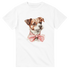White women's graphic tee featuring a cute dog with a pink bow tie.