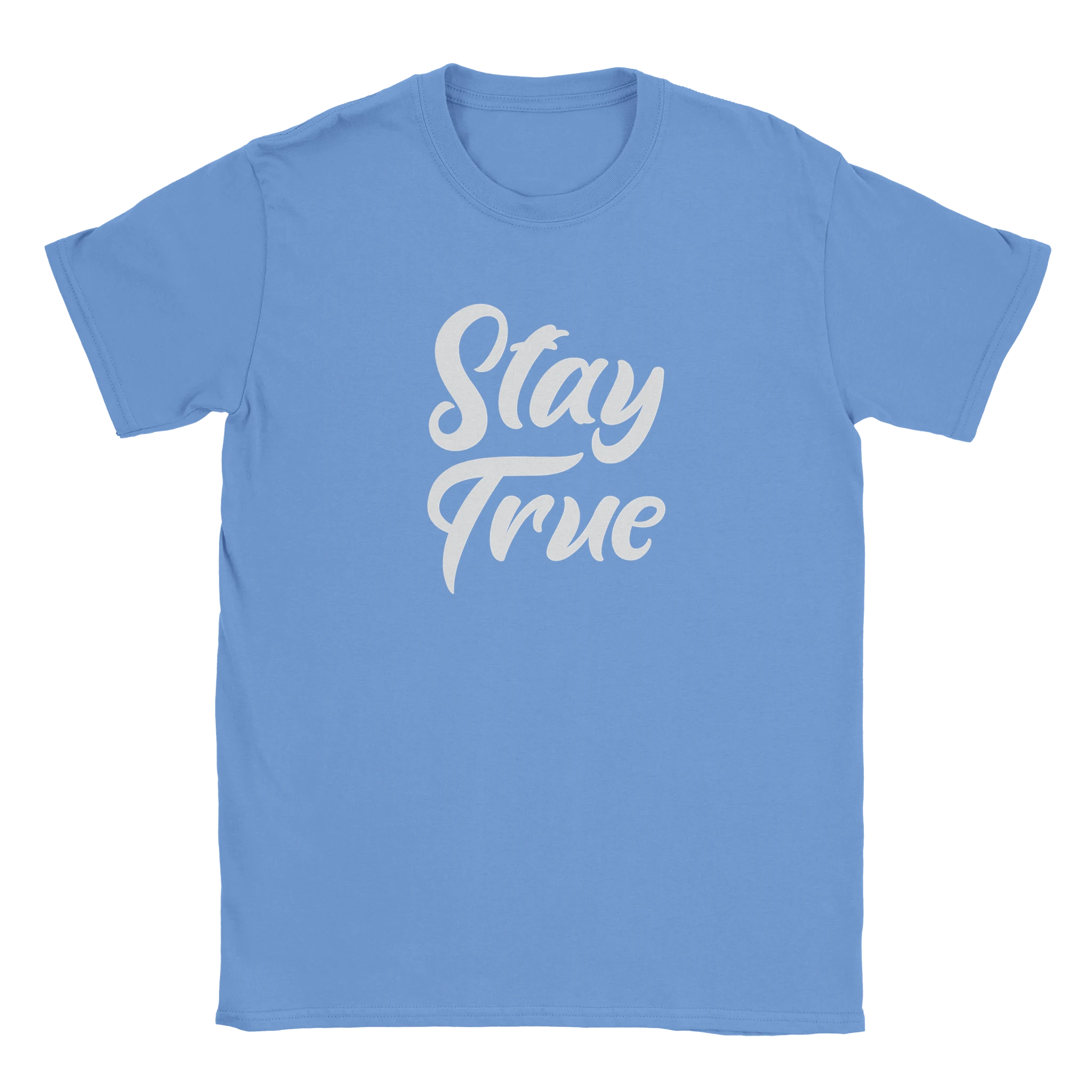 Blue Cute Stay True T-shirt for women with retro white slogan by Urban Palm Trees.