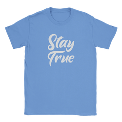 Blue Cute Stay True T-shirt for women with retro white slogan by Urban Palm Trees.